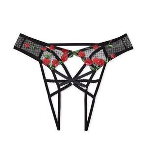NWT Victoria's Secret Crotchless Cherry Embroidery Open-Back‎ Panty Sz S - Black